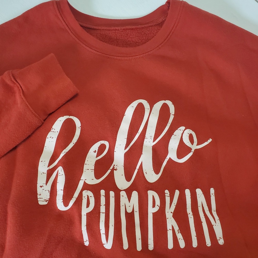 Hello Pumpkin Sweatshirt Orange Cropped Raw Hem‎ Fall Thanksgiving Women L